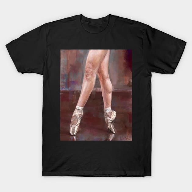 Painting of Ballet Dancer Legs and Shoes on Pointe, Maroon Background T-Shirt by ibadishi